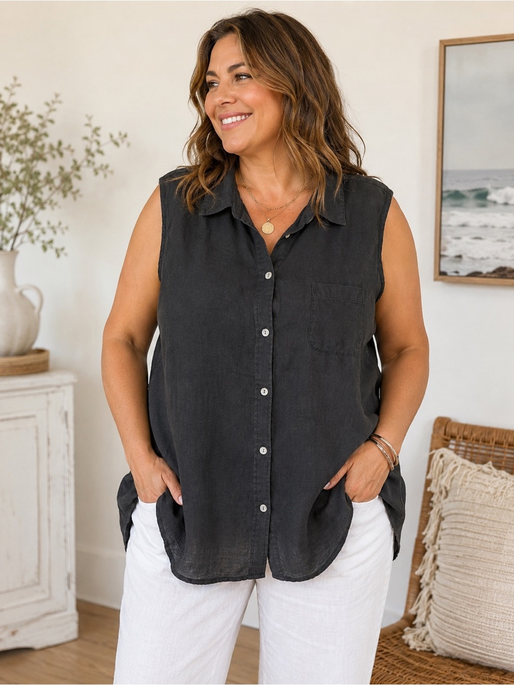 Edward…Woman 100% Irish Linen Sleeveless Button Front Tunic Top 2X